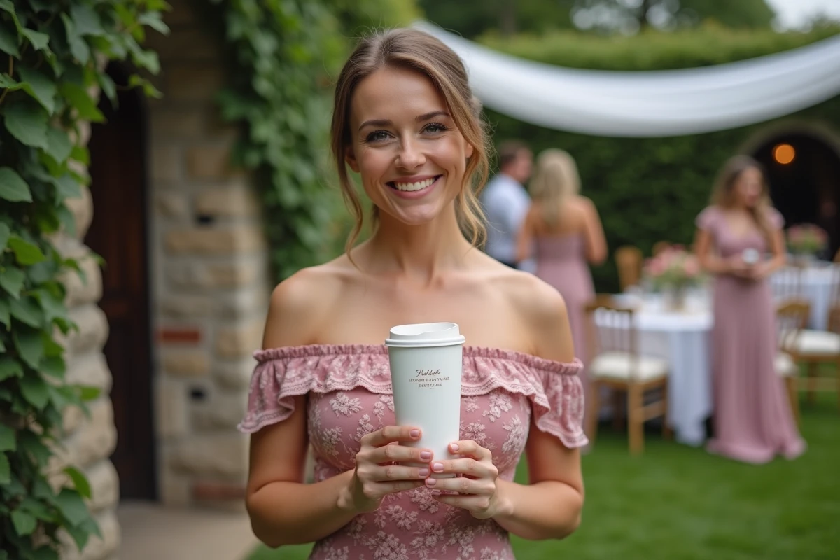 Demoiselle d'honneur souriante tenant un eco cup personnalisé au prénom des mariés lors d'un cocktail de mariage en jardin, idée cadeau invité éco-responsable