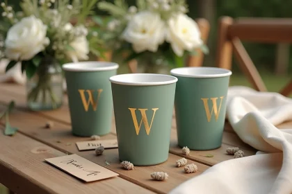 Eco cups personnalisés mariage en bambou vert sauge avec monogramme doré, posés sur une table en bois rustique entourée de fleurs séchées et étiquettes kraft pour un cadeau invité élégant