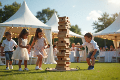 Enfants jouant au Jenga géant lors d'un mariage en plein air