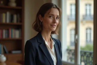 Femme élégante dans un appartement parisien, évoquant la discrétion et le raffinement d'une personnalité publique méconnue