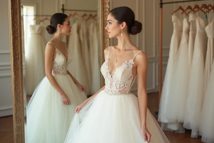 Jeune mariée en robe de mariée ivoire en dentelle essayant sa tenue dans une boutique de robes de mariée