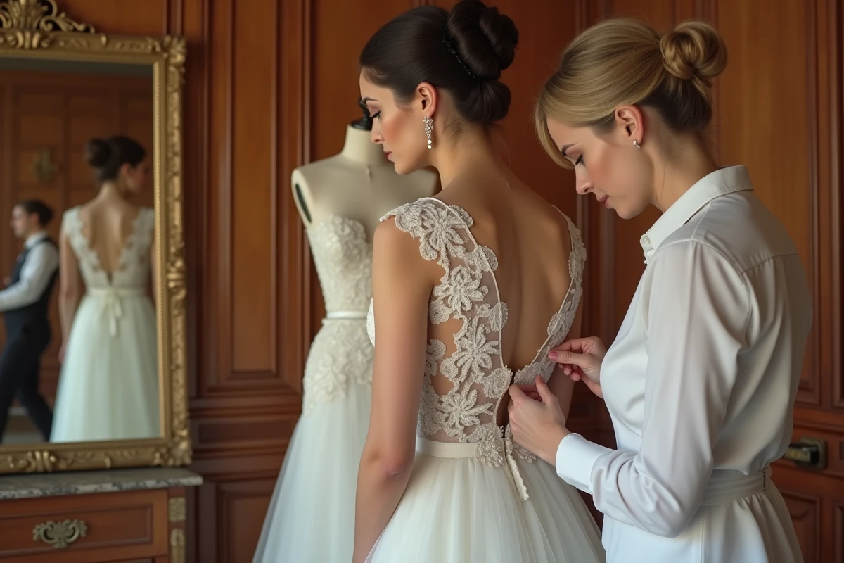 Essayage robe de mariée empire en dentelle française avec couturière dans un salon de haute couture élégant