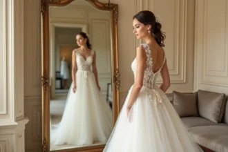Petite mariée en robe de mariée longue en dentelle ivoire lors d'un essayage en boutique, se regardant dans un grand miroir doré