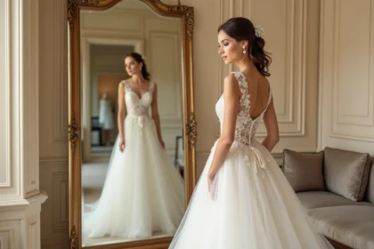 Petite mariée en robe de mariée longue en dentelle ivoire lors d'un essayage en boutique, se regardant dans un grand miroir doré