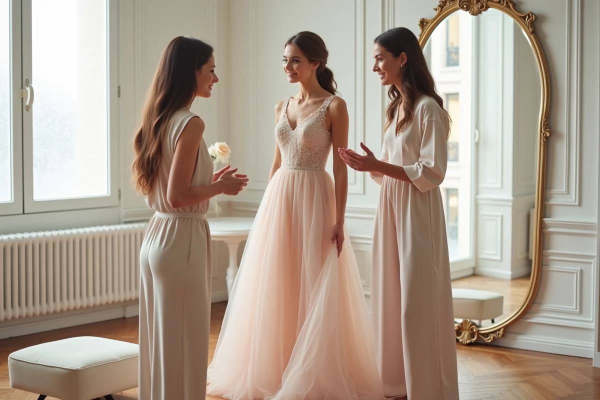 Deux femmes dans une boutique de mariage parisienne, l'une essayant une robe trapèze rose coupe A-line avec jupe évasée