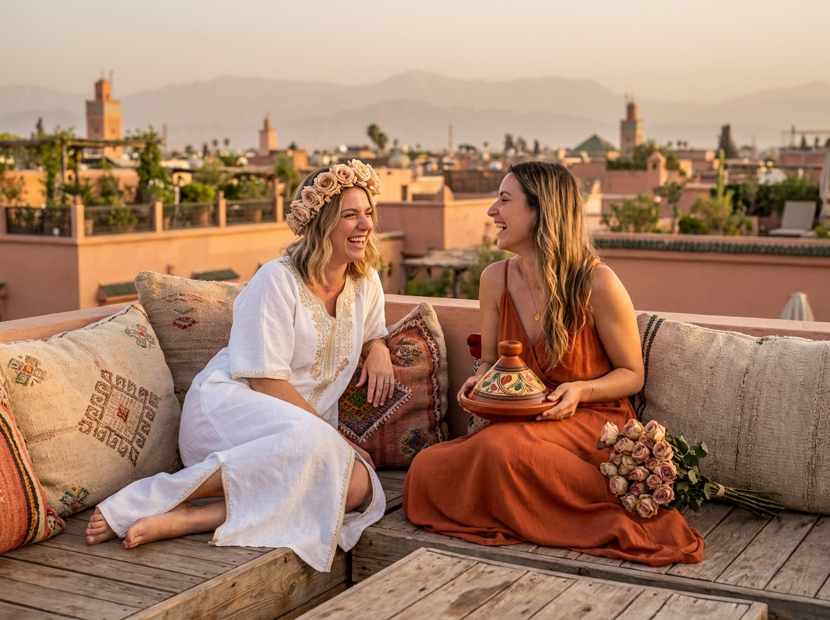 Deux femmes célébrant un EVJF sur une terrasse rooftop à Marrakech avec vue sur les toits et les montagnes de l'Atlas