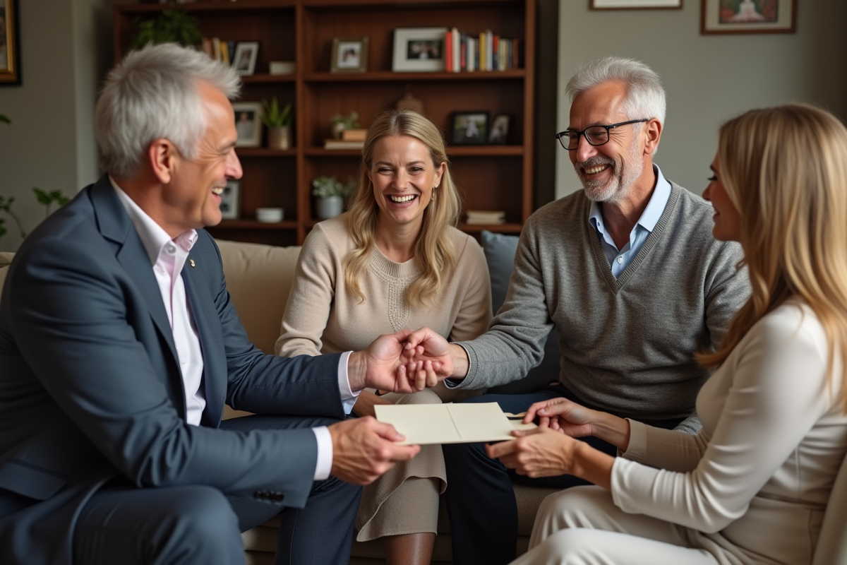 Famille élégante donnant une enveloppe à leur fille