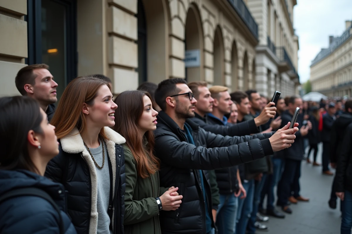 Groupe de fans photographiant une personnalité publique dans une rue parisienne, soulevant des questions sur les limites de la vie privée