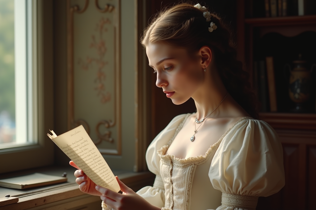 Jeune femme du 18e siècle lisant une lettre d