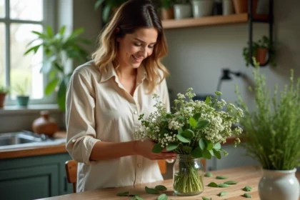 Femme souriante arrangeant un bouquet de fleurs dans la cuisine