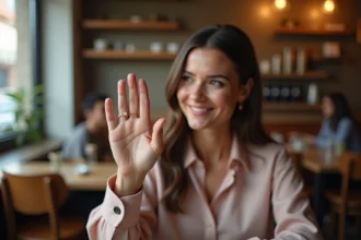 Femme souriante montrant une bague en or dans un café chaleureux
