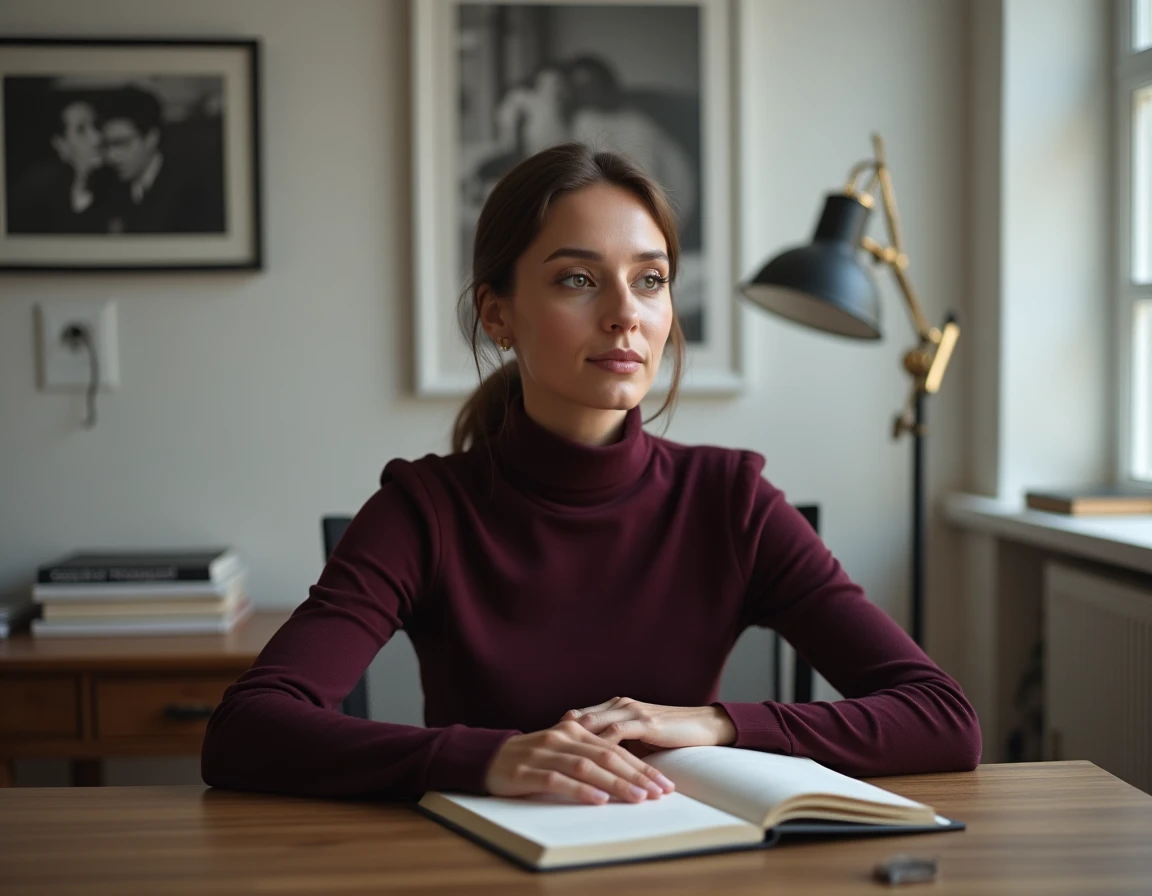 Femme posée dans un bureau éditorial moderne, assise à un bureau en bois entouré de livres, évoquant l'univers médiatique et intellectuel français