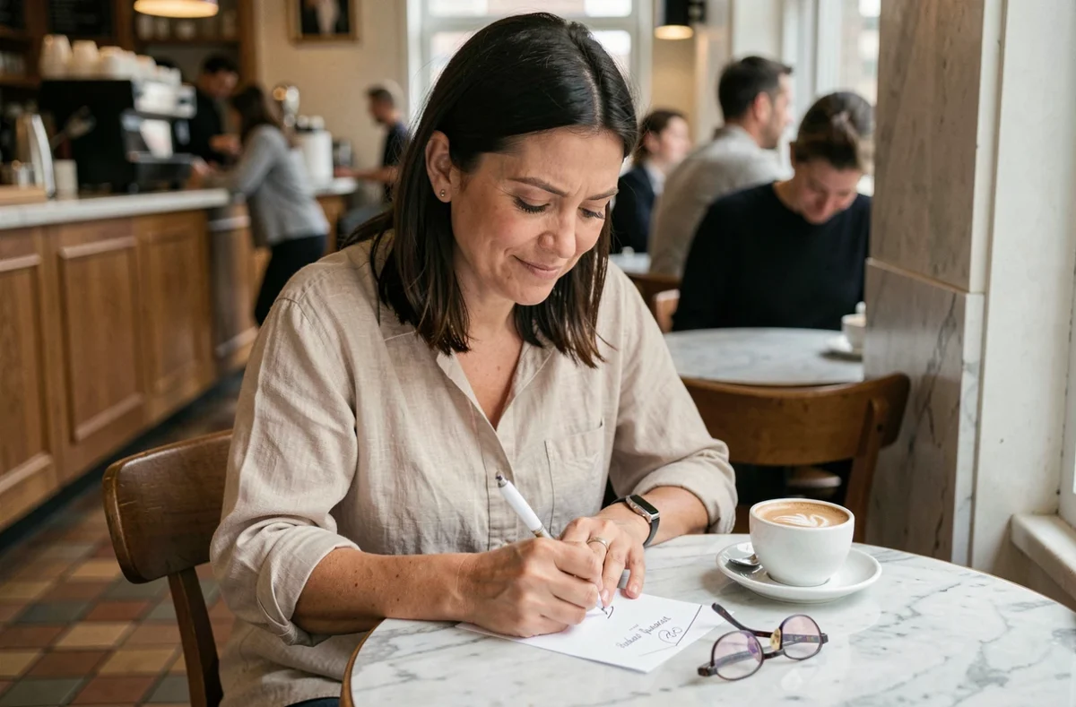 Femme écrivant un message de félicitations mariage à la main dans un café, cherchant ses mots avec humour