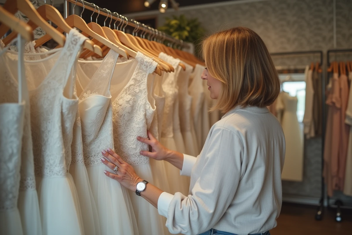 Femme examine robe de mariage dans boutique