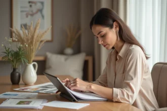 Femme élégante éditant invitation mariage sur tablette