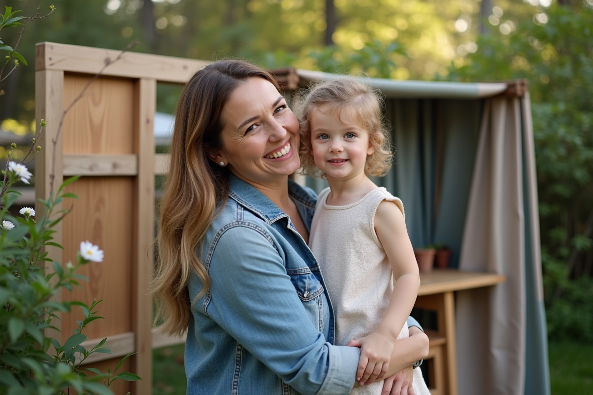Femme et enfant souriants dans un photobooth extérieur au jardin
