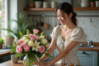 Femme souriante arrangeant un bouquet de fleurs dans la cuisine