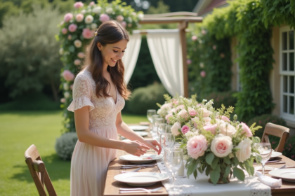 Jeune femme arrangeant des fleurs pour un mariage en extérieur