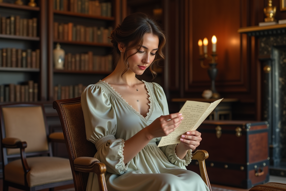 Femme élégante lisant une lettre ancienne dans une bibliothèque chaleureuse