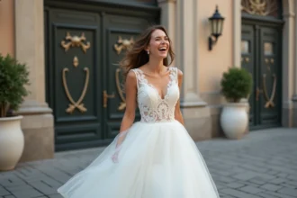 Femme en robe de mariée blanche dans une rue urbaine