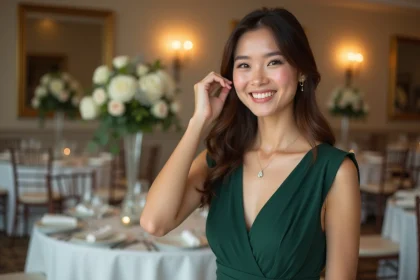 Femme souriante en robe verte élégante lors d'une réception de mariage