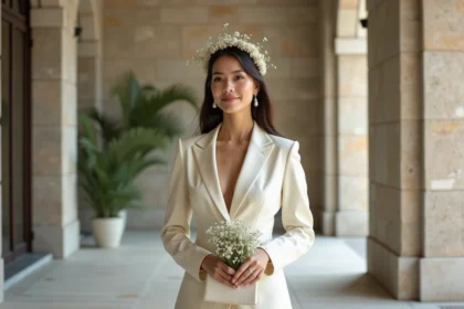 Femme élégante en costume crème lors d'un mariage civil