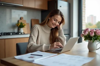 Jeune femme organisant invitations mariage dans cuisine moderne