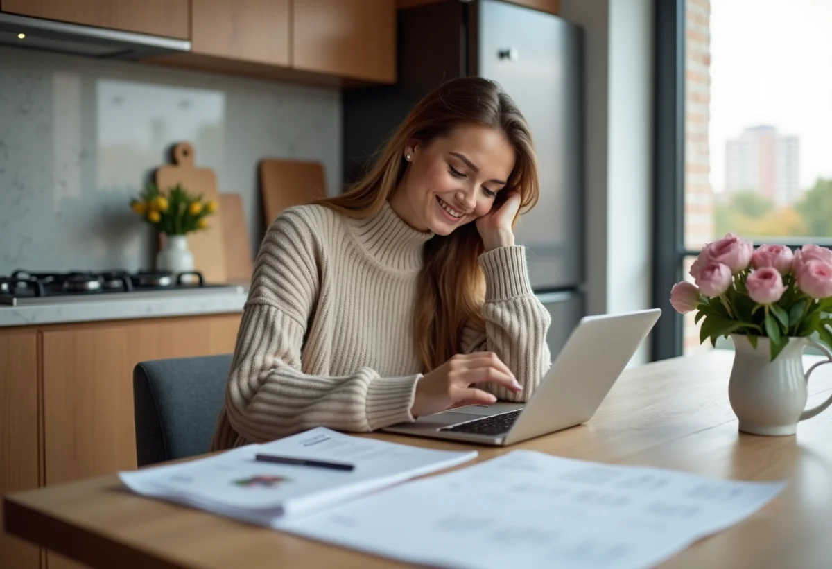 Jeune femme organisant invitations mariage dans cuisine moderne