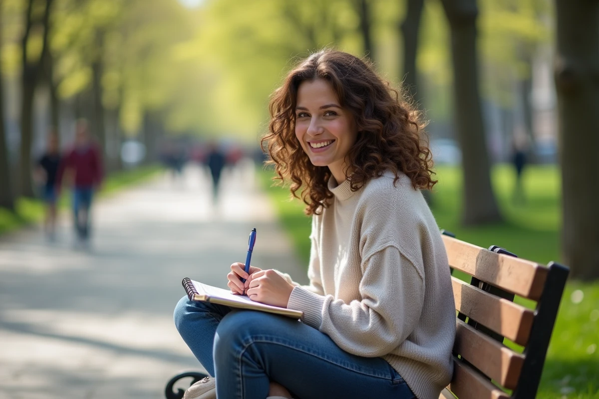 Femme assise sur un banc de parc en écrivant dans un carnet