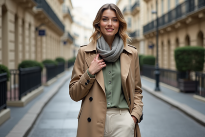 Femme élégante en trench beige dans une rue parisienne