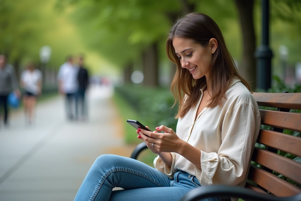 Femme détendue sur un banc de parc avec smartphone