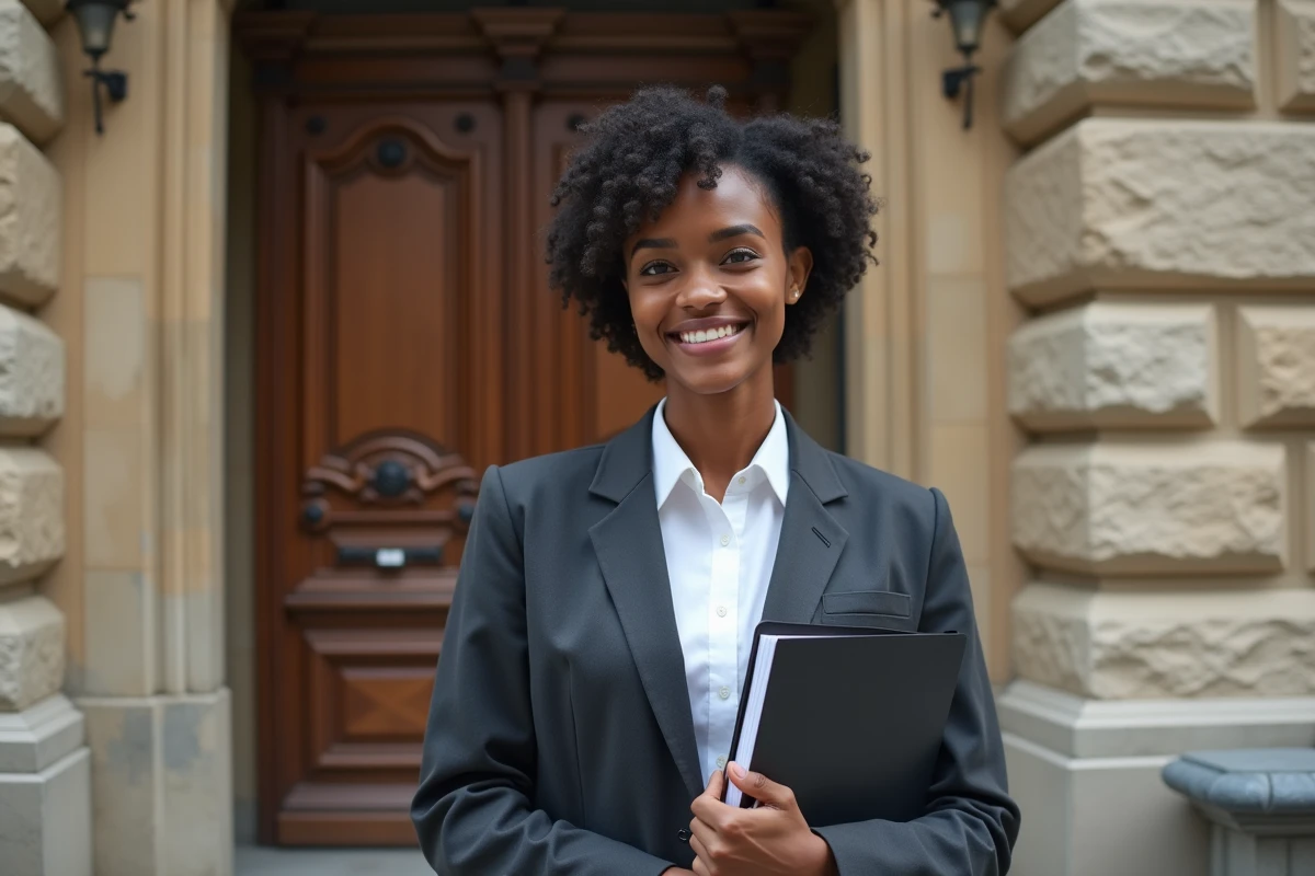 Jeune femme confiante devant la prefecture française
