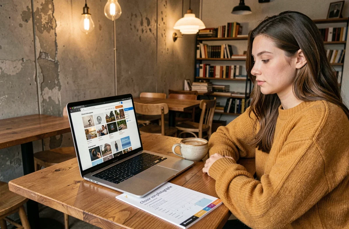 Jeune femme recherchant un photographe en ligne pour créer son calendrier photo dans un café
