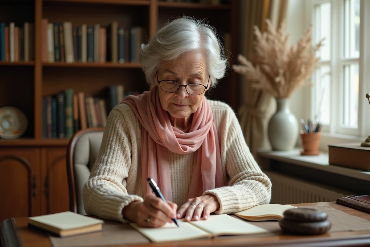 Femme rédigeant un message d'anniversaire de mariage à un bureau vintage avec un stylo plume et du papier texturé