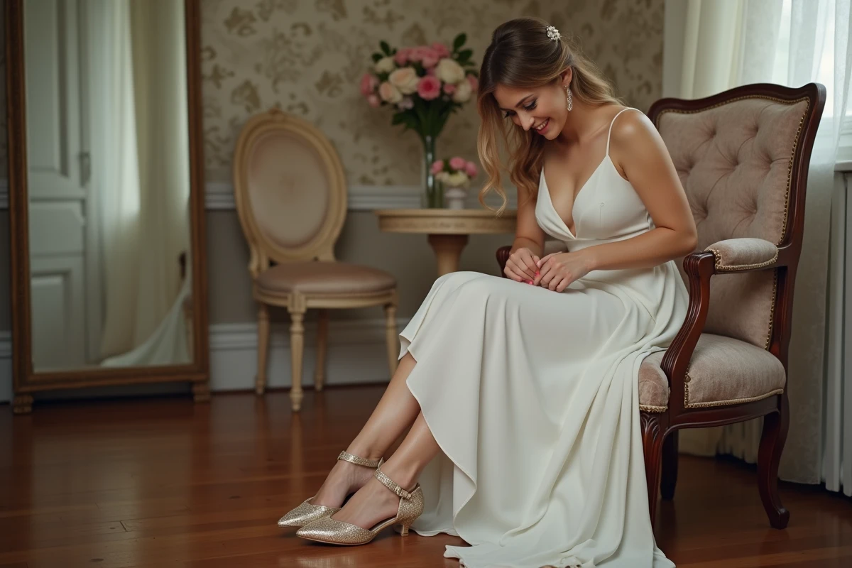 Femme souriante en robe ivoire ajustant ses chaussures de mariage