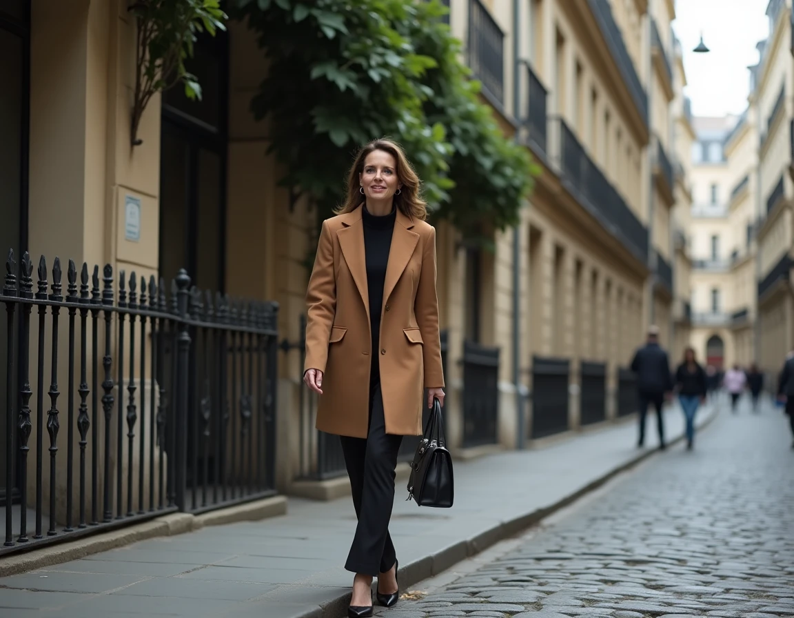 Femme élégante marchant dans une rue pavée parisienne, illustrant une personnalité discrète liée au monde médiatique français