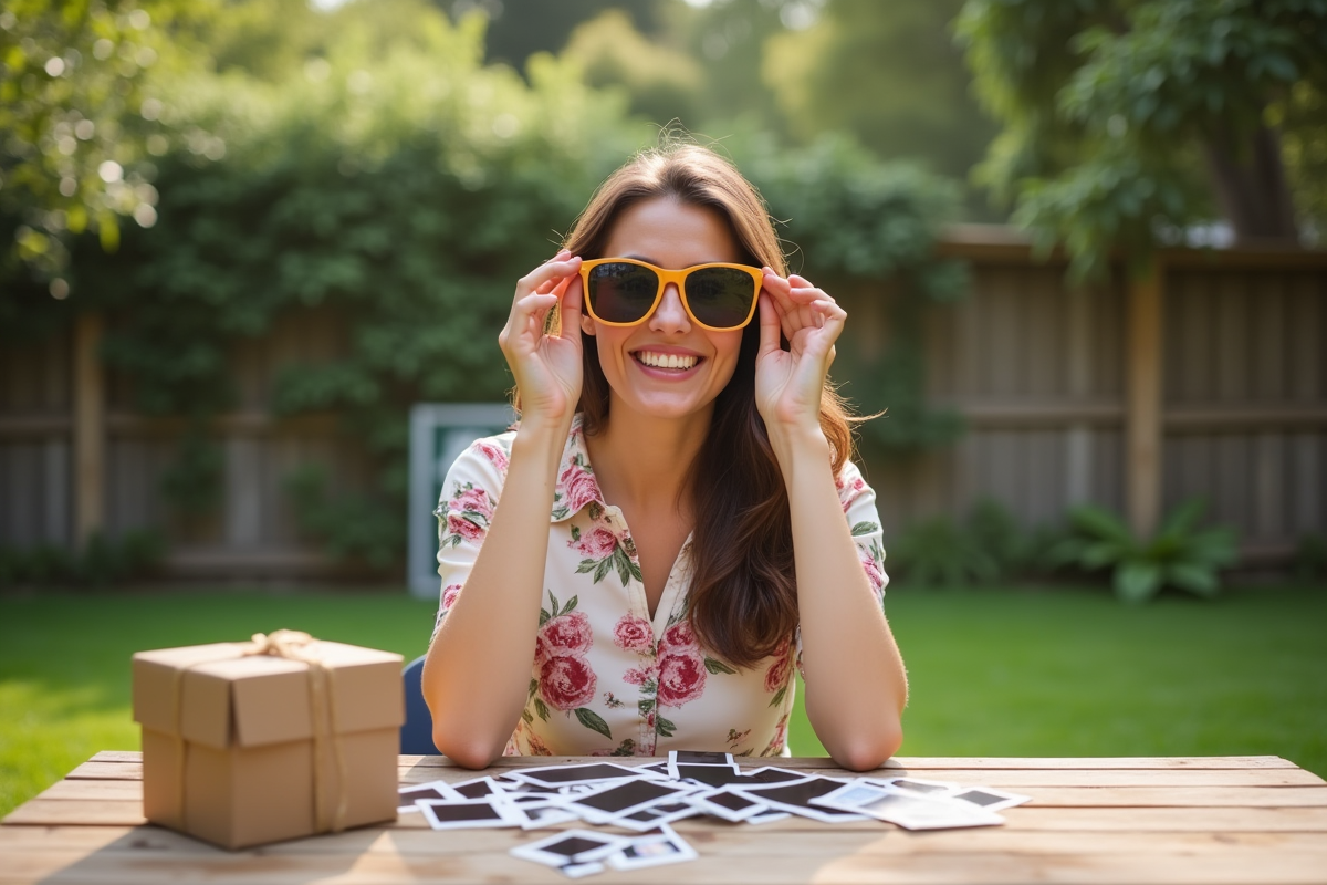 Jeune femme souriante portant lunettes de fête en extérieur