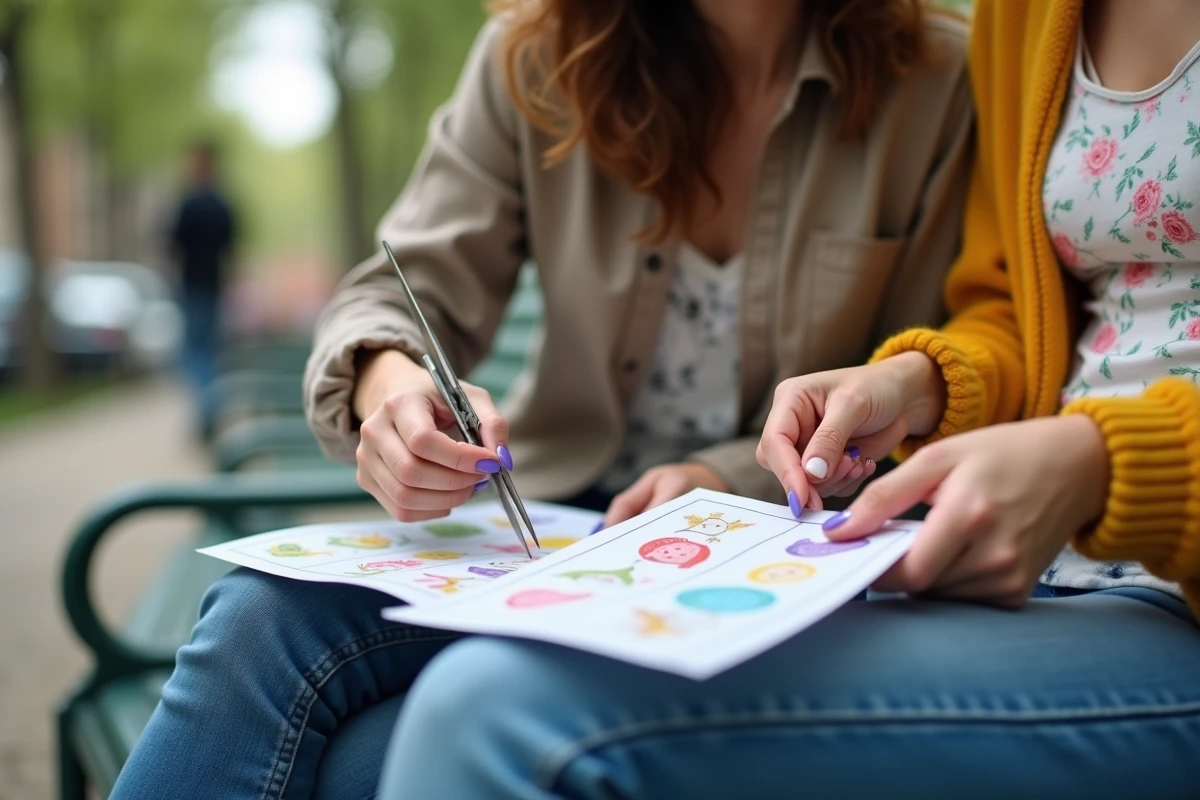 Femme coupant des cartes de jeu dans un parc urbain