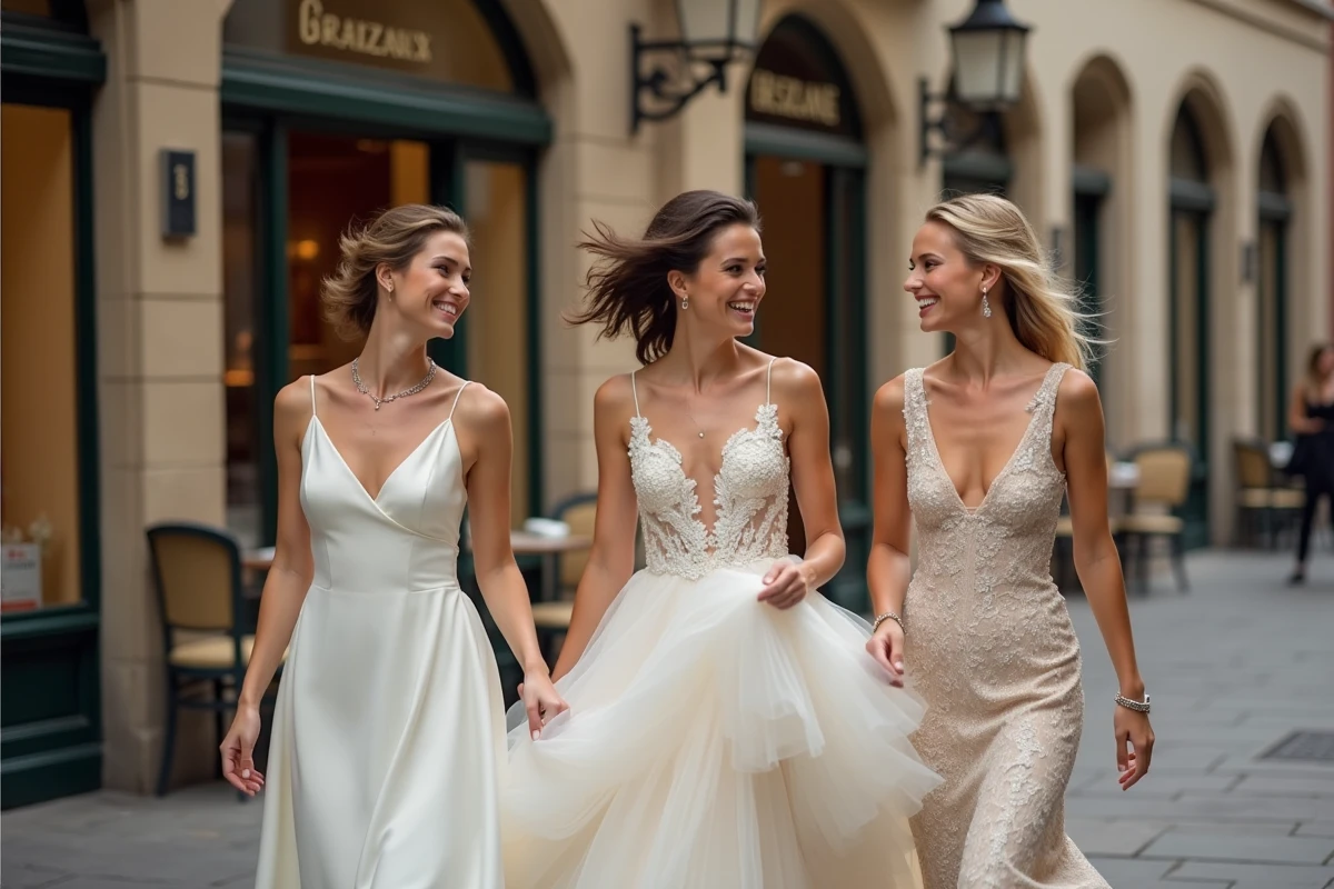Trois femmes en robes de mariée variées dans une rue de Bordeaux