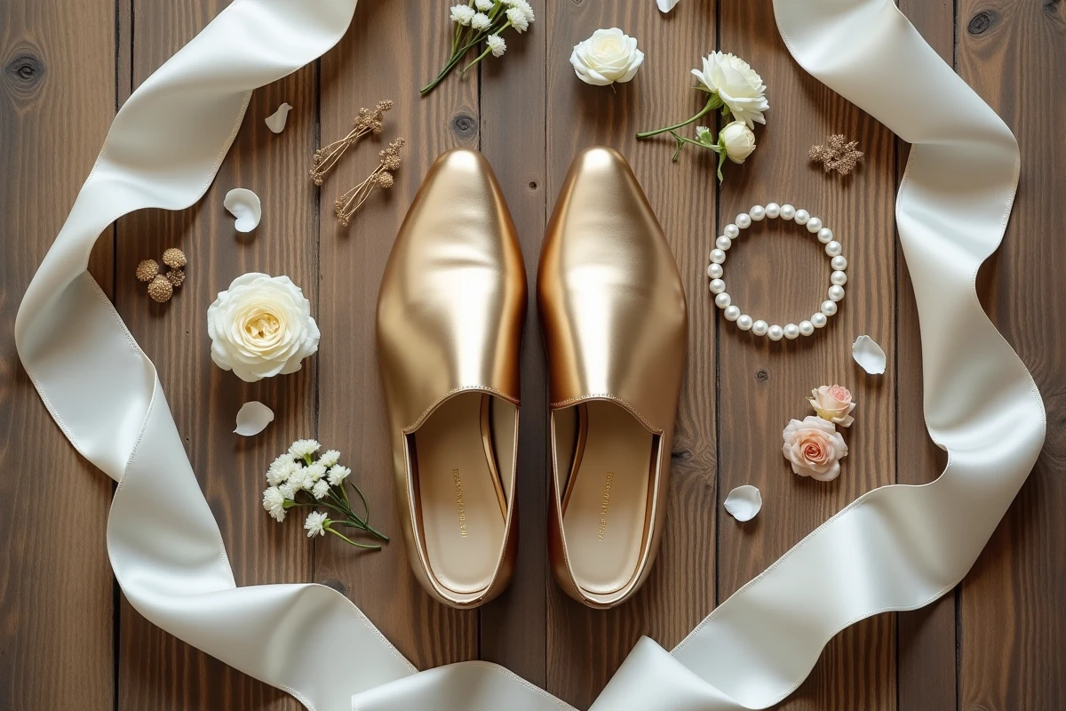 Flat lay élégant de chaussures mariée dorées entourées d'accessoires de mariage sur plancher en bois rustique, composition aérienne éditoriale