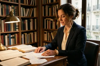 Portrait éditorial d'une femme engagée et intellectuelle assise à son bureau entouré de livres, évoquant l'univers de Gabrielle Cluzel