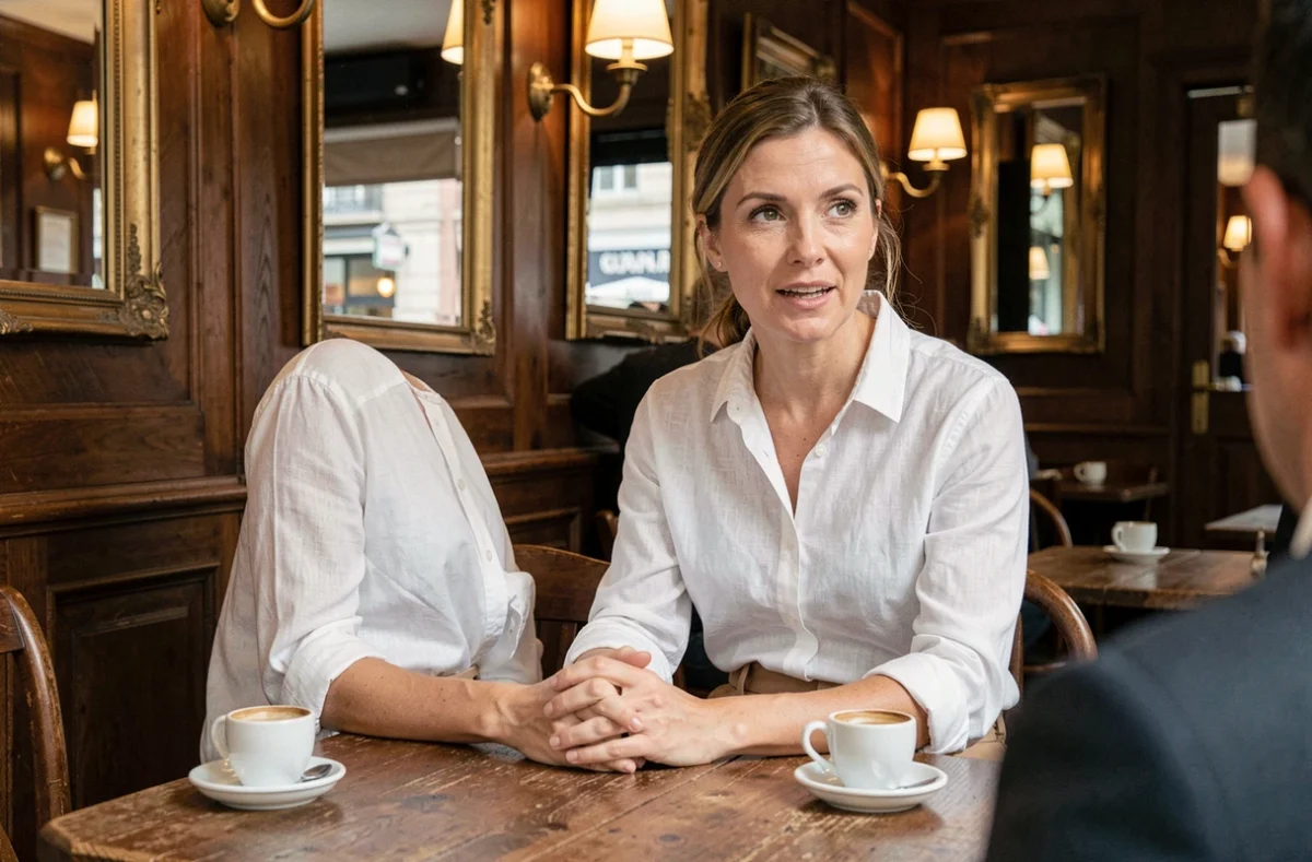 Femme intellectuelle et passionnée lors d'un entretien dans une brasserie parisienne traditionnelle, illustration éditoriale pour un article sur Gabrielle Cluzel