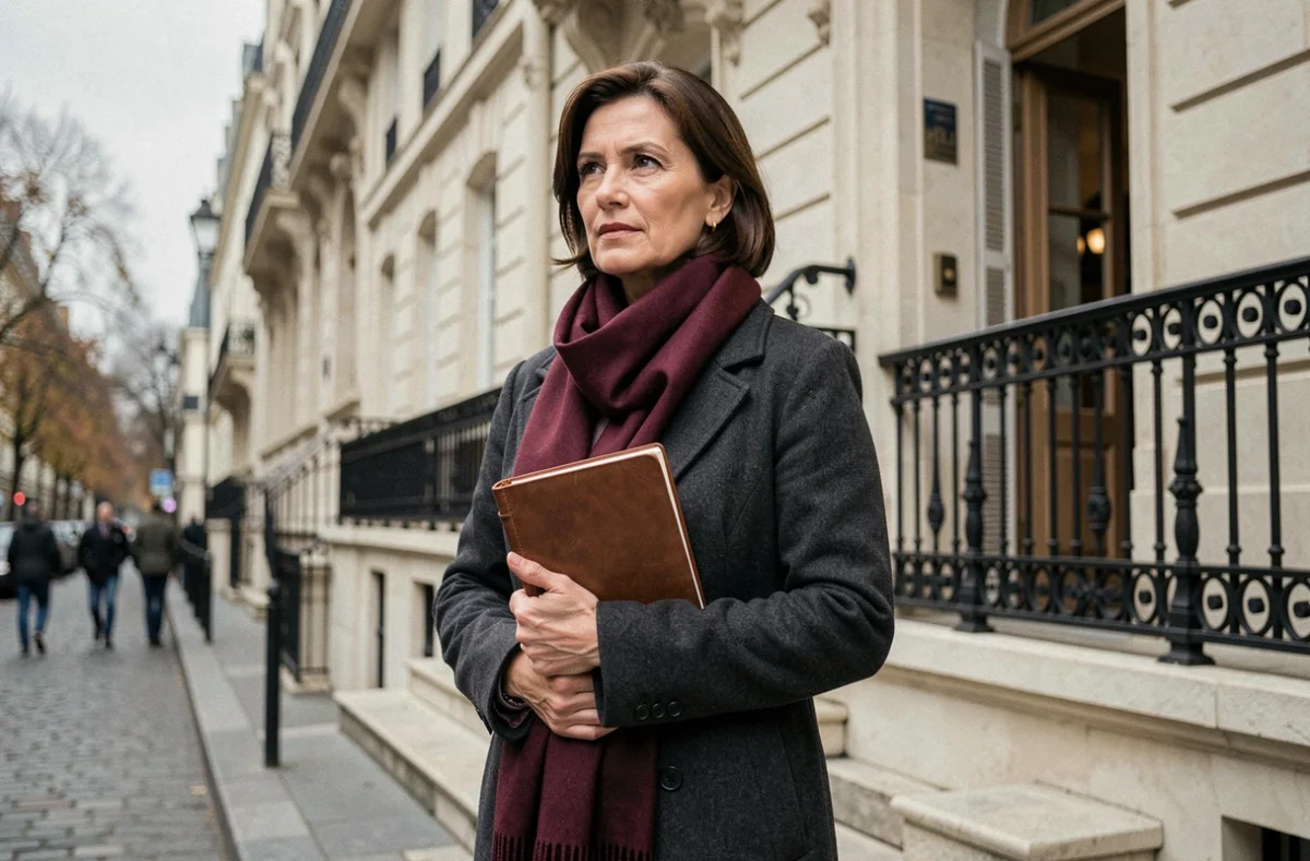 Femme engagée et déterminée posant devant une architecture parisienne haussmannienne, portrait éditorial illustrant le profil de Gabrielle Cluzel