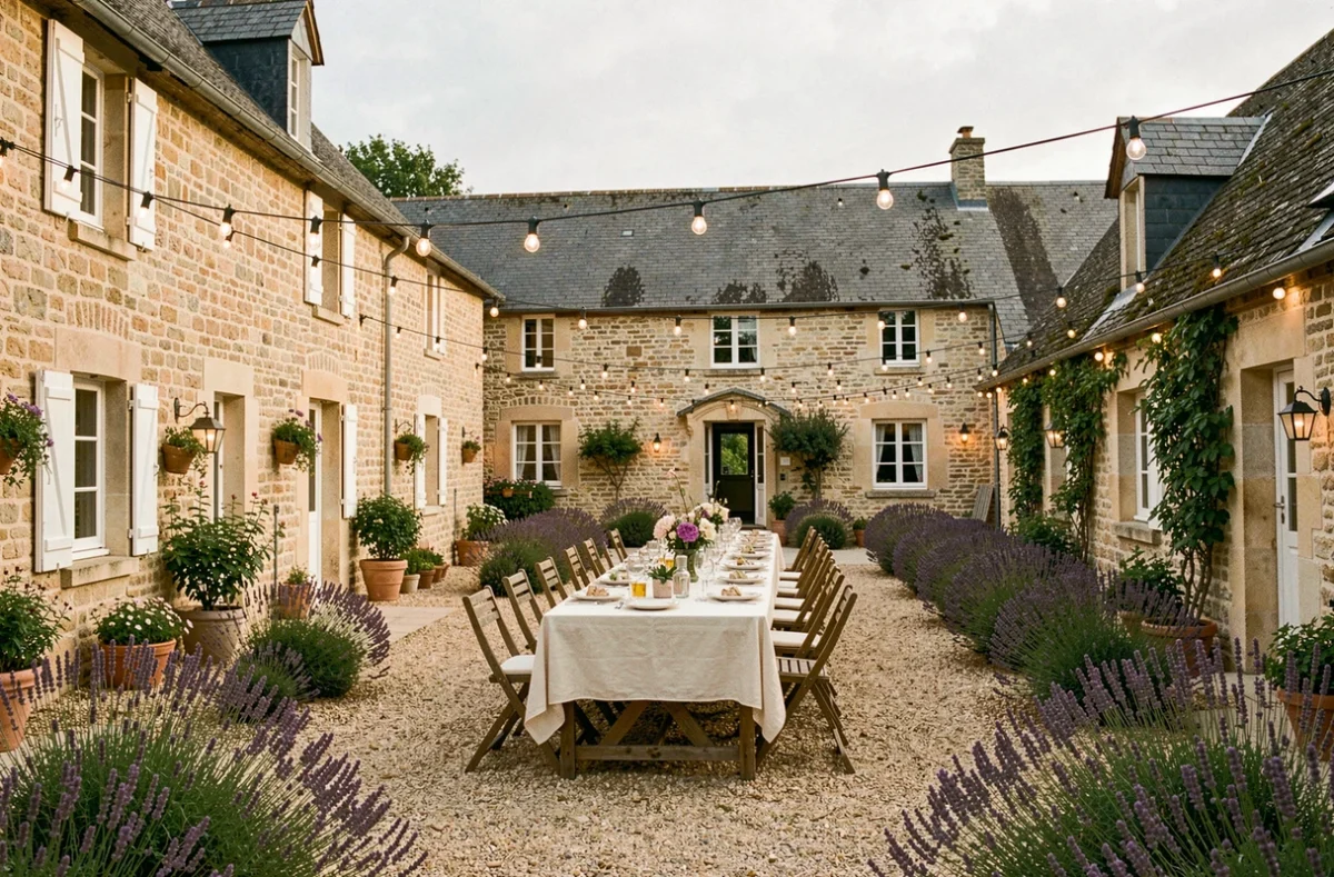 Les Gîtes de la Douce Vie, un ensemble de cottages en pierre aménagés autour d'une cour intérieure décorée pour un mariage intime en Anjou