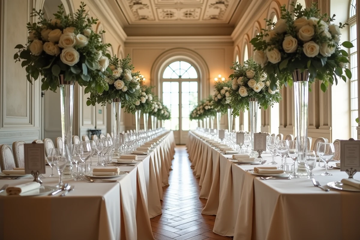 Grand banquet de mariage dans un château avec longues tables dressées, centres de table floraux et menus imprimés pour des centaines d'invités