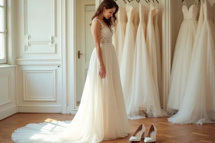Grande mariée tenant des chaussures blanches à talon bloc dans une boutique de mariée élégante