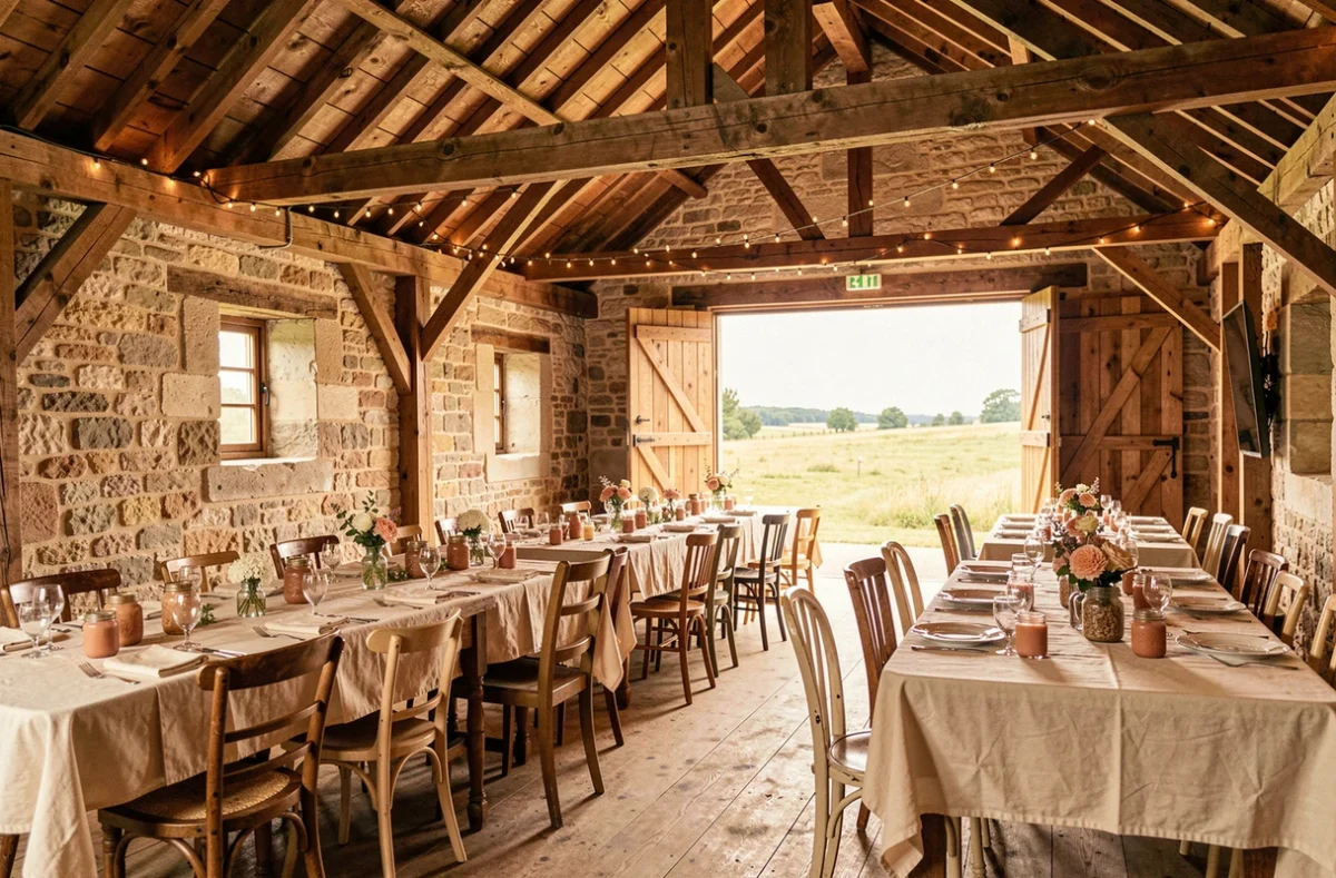 La Grange des Ruettes, une ancienne grange restaurée en pierre et bois décorée pour un mariage champêtre en Anjou