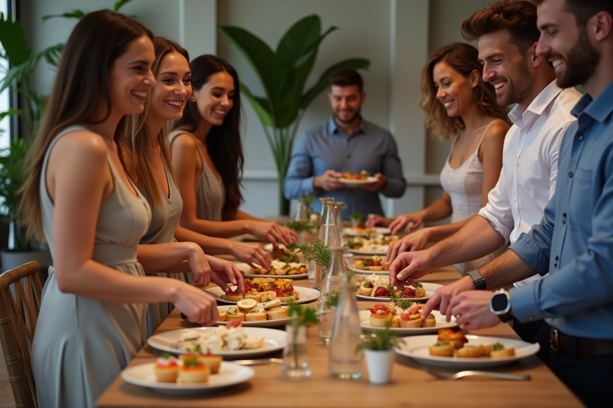Groupe d'amis élégants préparant des canapés lors d'une soirée