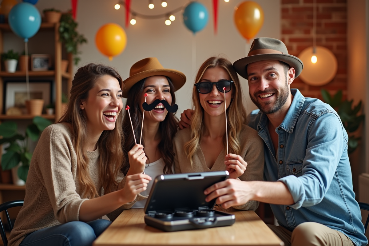 Groupe d'amis riant avec accessoires de fête en intérieur