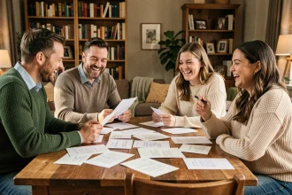 Groupe d'amis rédigeant un message de félicitations mariage avec humour autour d'une table en bois
